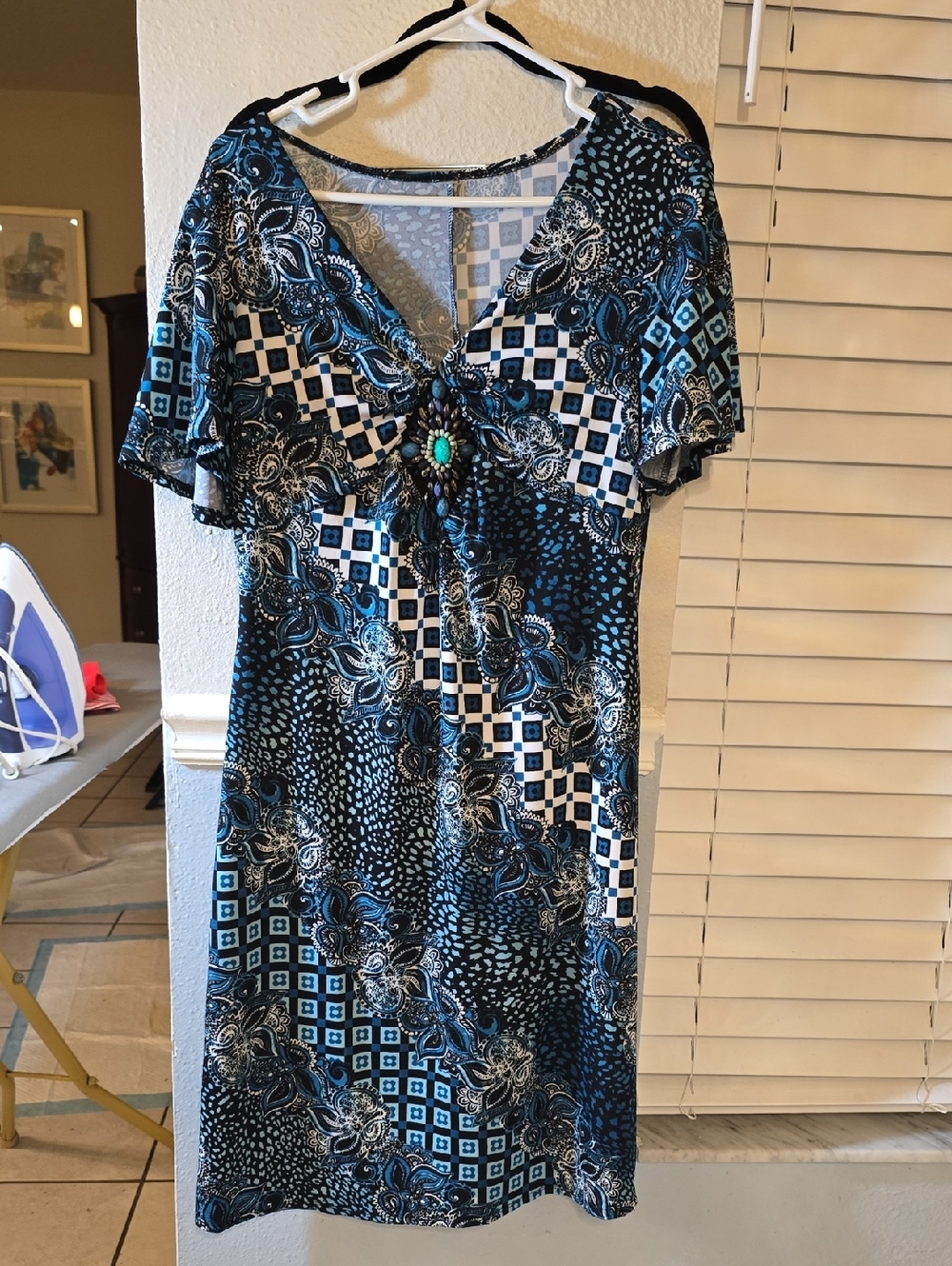 Per Seption Blue & Black Patterned V-Neck Dress with Decorative Accent